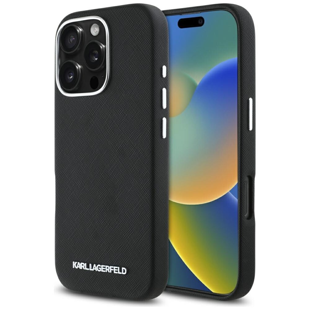 Karl Lagerfeld MagSafe iPhone 16 Pro Fodral - Saffiano Helgjutet Avlångt Metall Logo - Svart