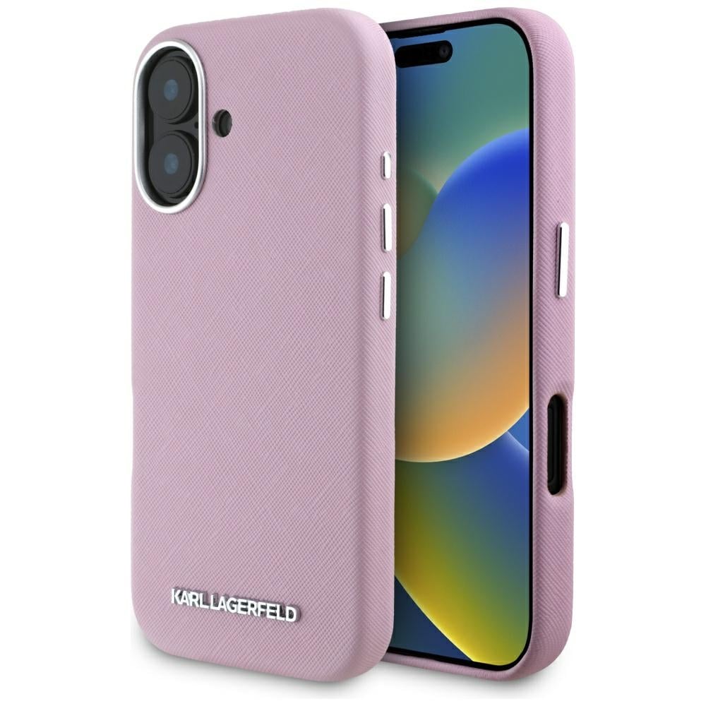 Karl Lagerfeld MagSafe iPhone 16 Fodral - Saffiano Helgjutet Avlångt Metall Logo - Rosa