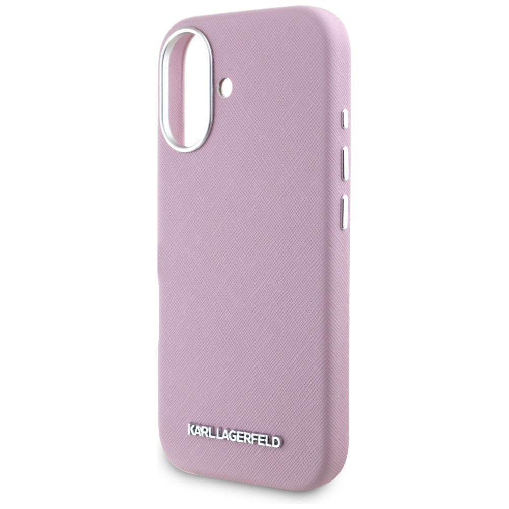 Karl Lagerfeld Saffiano fuld indpakning aflangt metallogo MagSafe iPhone 16 etui - Pink