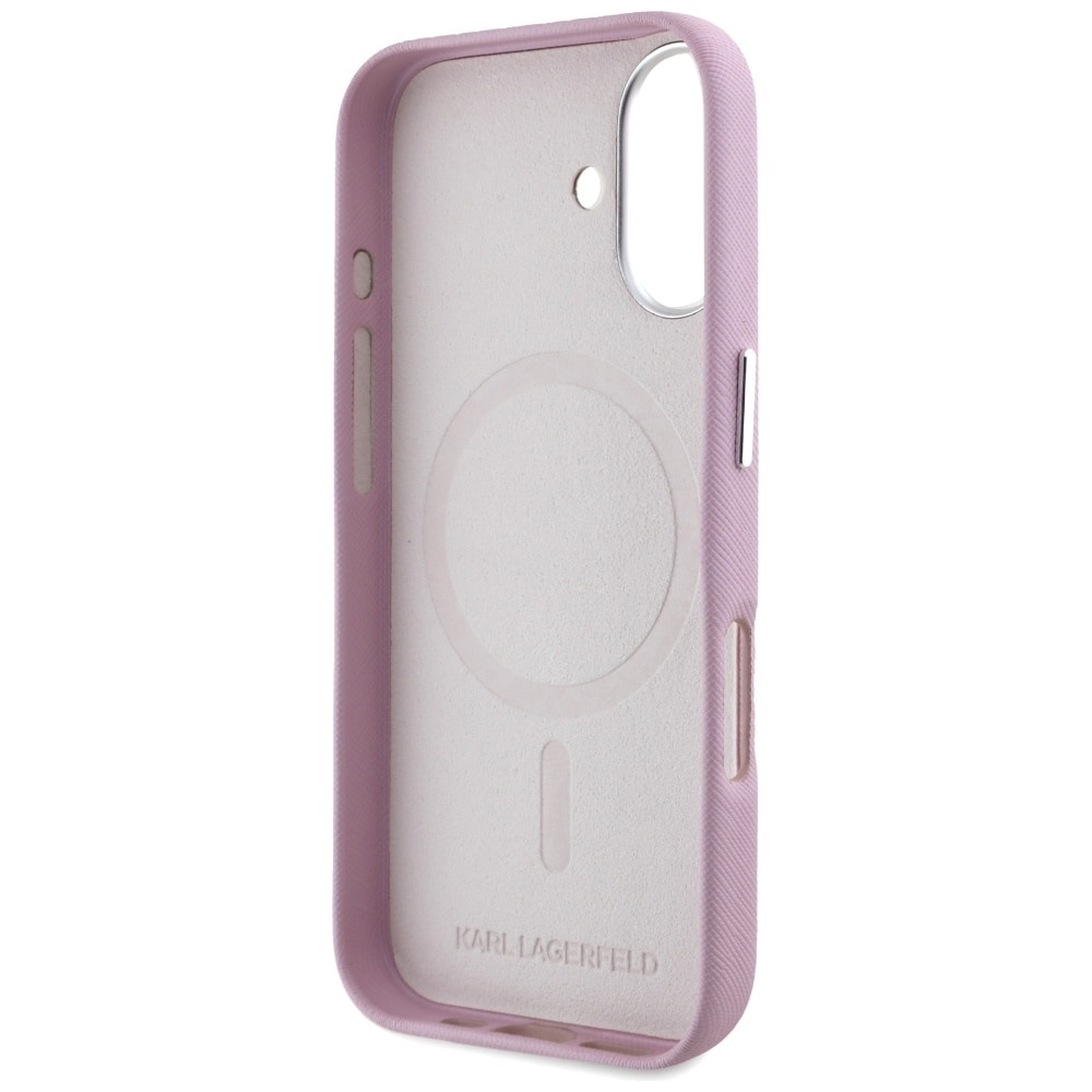 Karl Lagerfeld Saffiano fuld indpakning aflangt metallogo MagSafe iPhone 16 etui - Pink