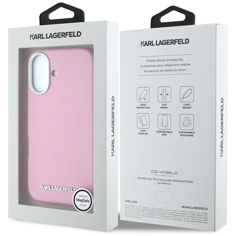 Karl Lagerfeld Saffiano fuld indpakning aflangt metallogo MagSafe iPhone 16 etui - Pink