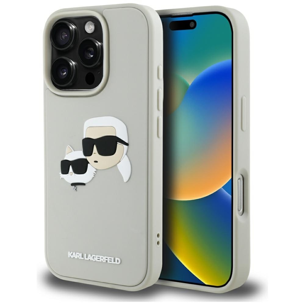 Karl Lagerfeld HC 3D gummi dubbla huvuden iPhone 16 Pro Max fodral - Beige
