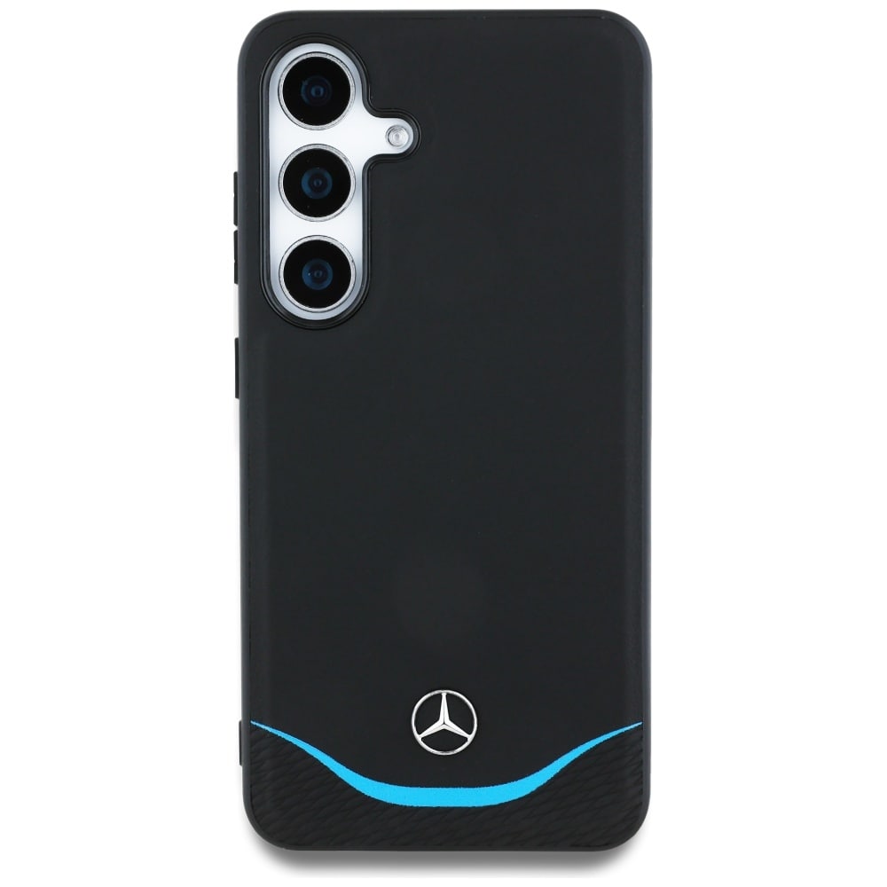 Mercedes MagSafe-etui til Samsung Galaxy S25 i kontrastfarvet blåt læder med vandret kurve - sort