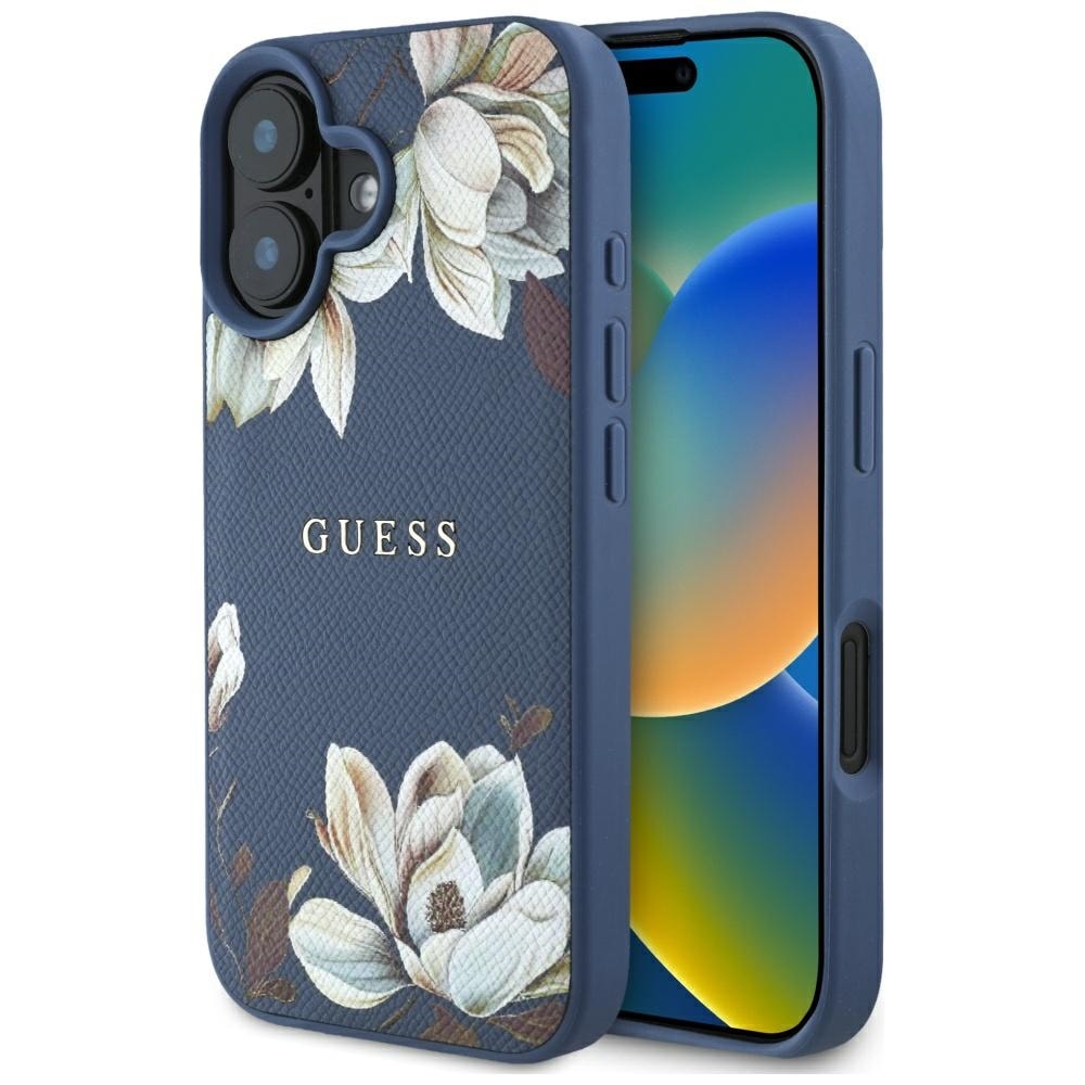 Guess Grained Printed Flower Pattern MagSafe-fodral för iPhone 16 blå