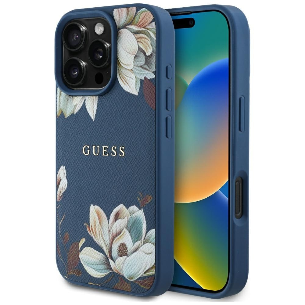 Guess Grainerat tryckt blommönster MagSafe-fodral för iPhone 16 Pro Max blå