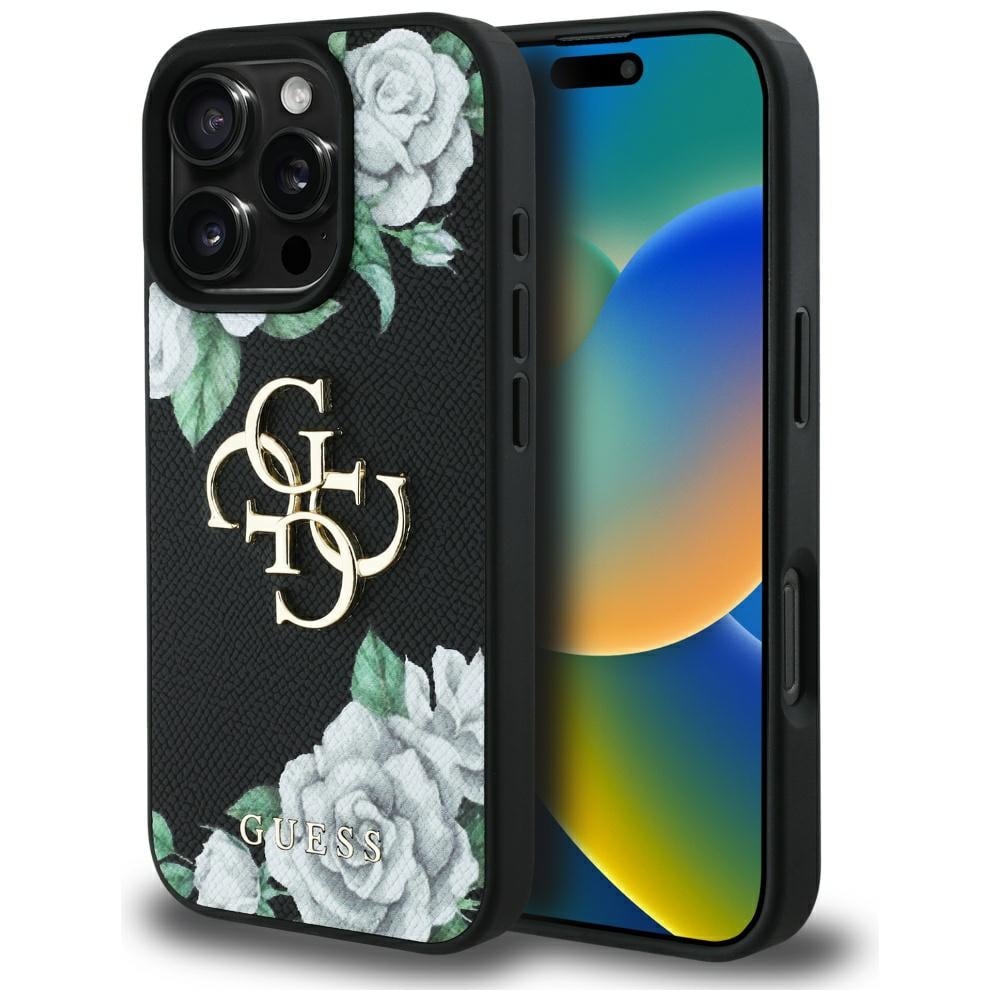 Guess Grained Roses Big 4G logotypfodral för iPhone 16 Pro Max - svart