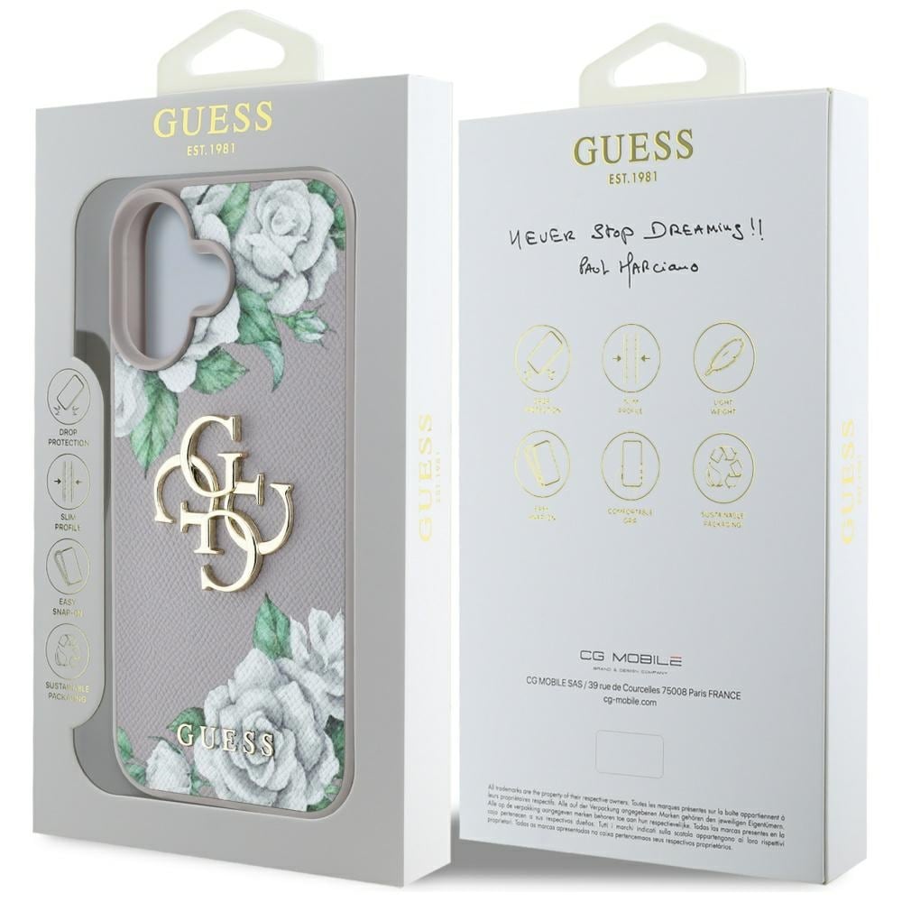 Guess Grained Roses Big 4G Logo iPhone 16 Etui - Lilla