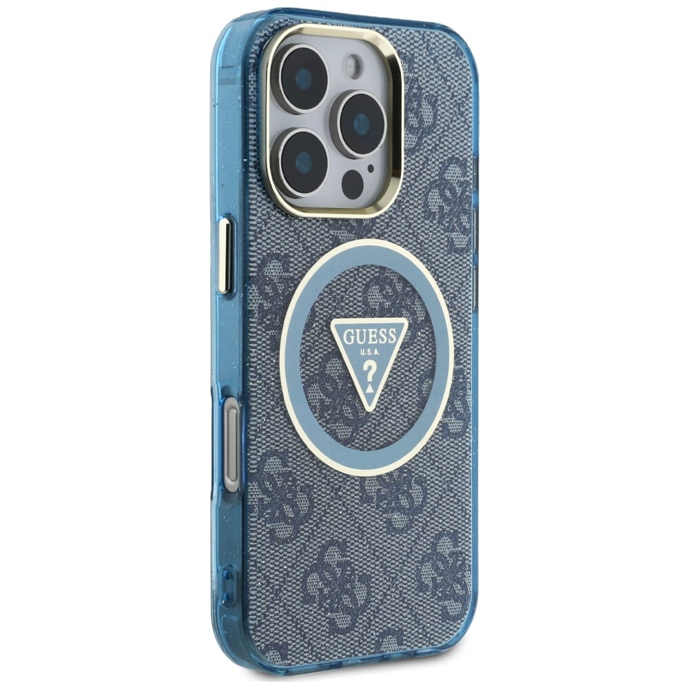 Guess IML Metal Glitter 4G Circle Triangle MagSafe-etui til iPhone 16 Pro - Blå