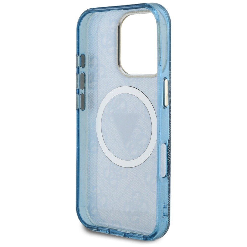 Guess IML Metal Glitter 4G Circle Triangle MagSafe-etui til iPhone 16 Pro - Blå