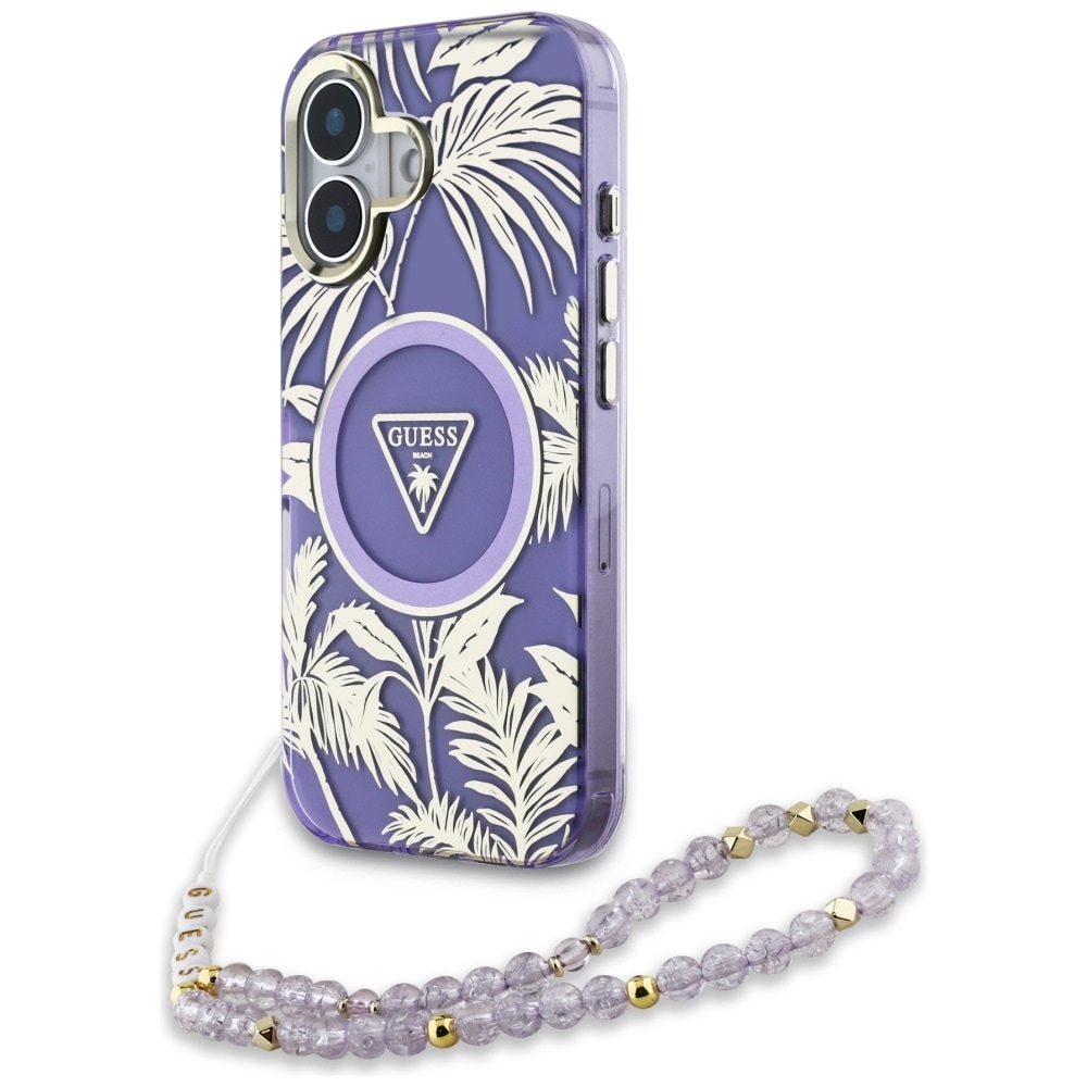 Guess Palm Trees Triangle Pearl Strap MagSafe-fodral för iPhone 16 lila
