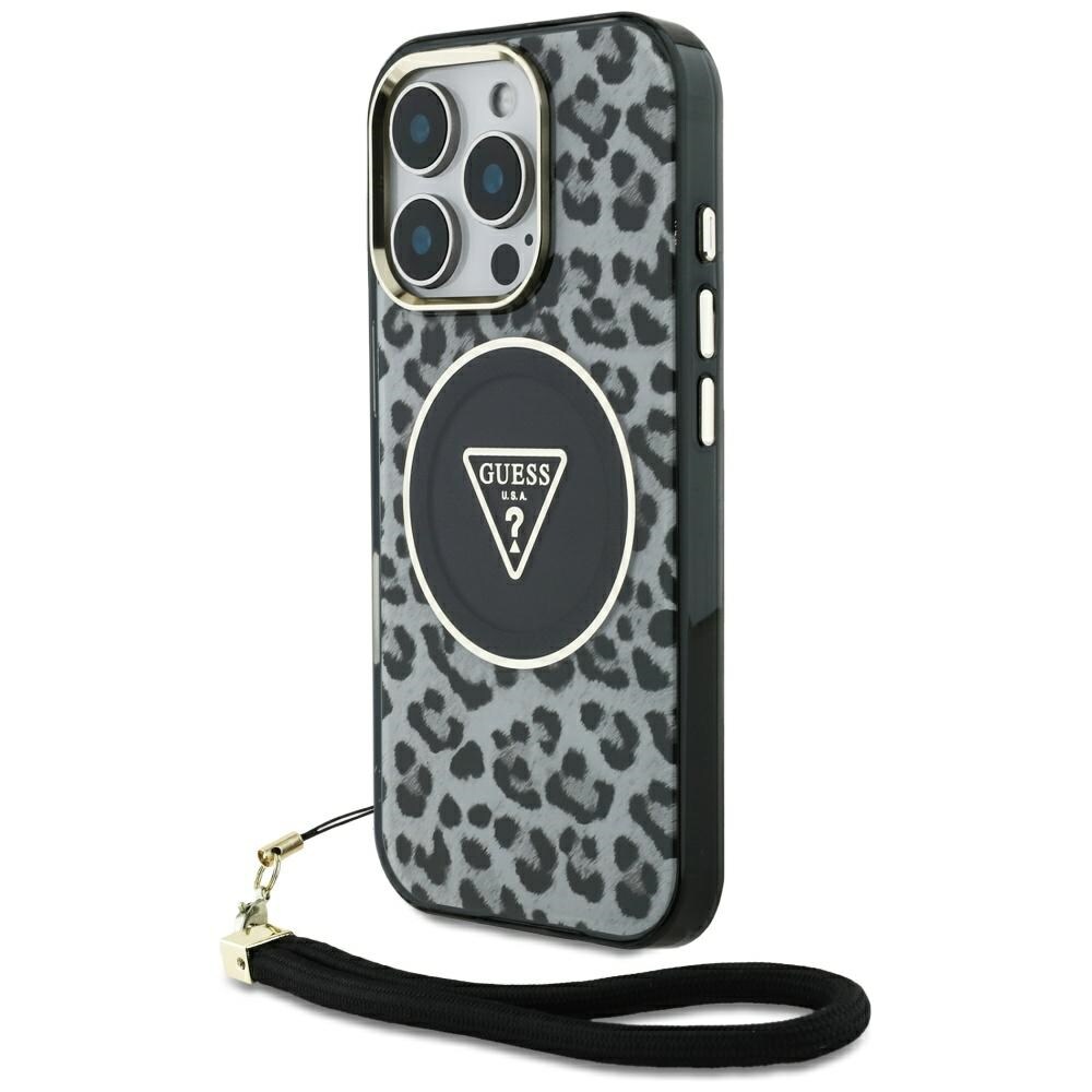 Guess HC IML Leopard Triangle Cord Strap MagSafe-fodral för iPhone 16 Pro - Svart