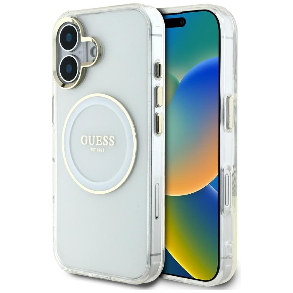Guess IML Metallfärgad cirkel Classic Logo MagSafe-fodral för iPhone 16 - vit