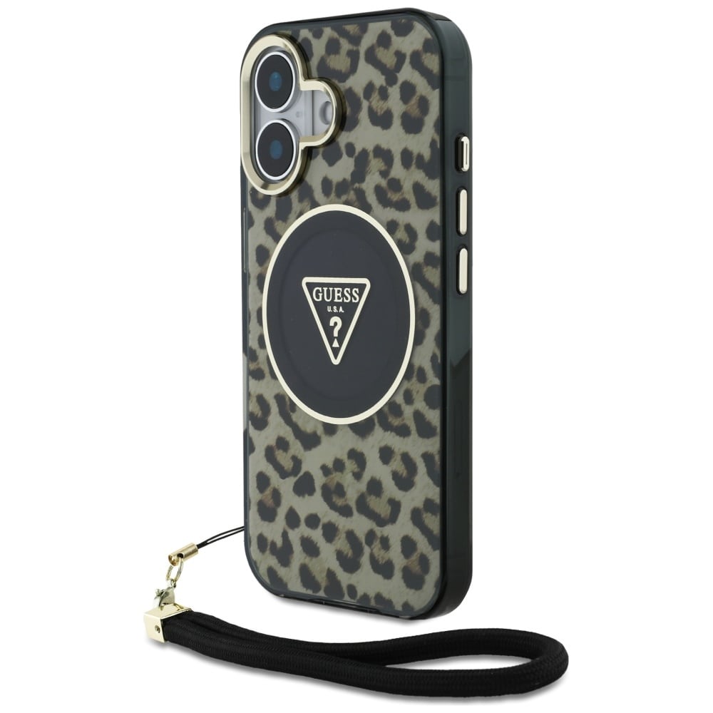 Guess HC IML Leopard Triangle Cord Strap MagSafe iPhone 16 Fodral - Brun