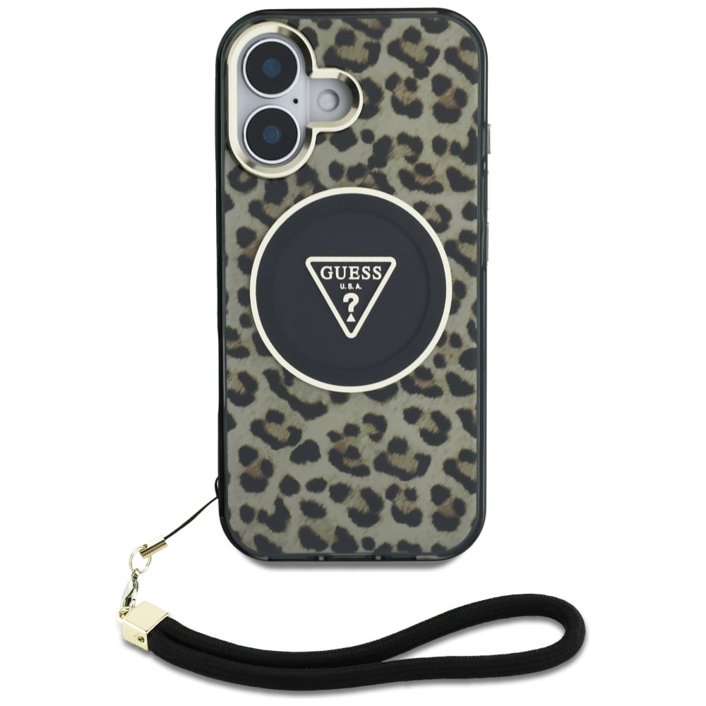 Guess HC IML Leopard Triangle Cord Strap MagSafe iPhone 16 Etui - Brun