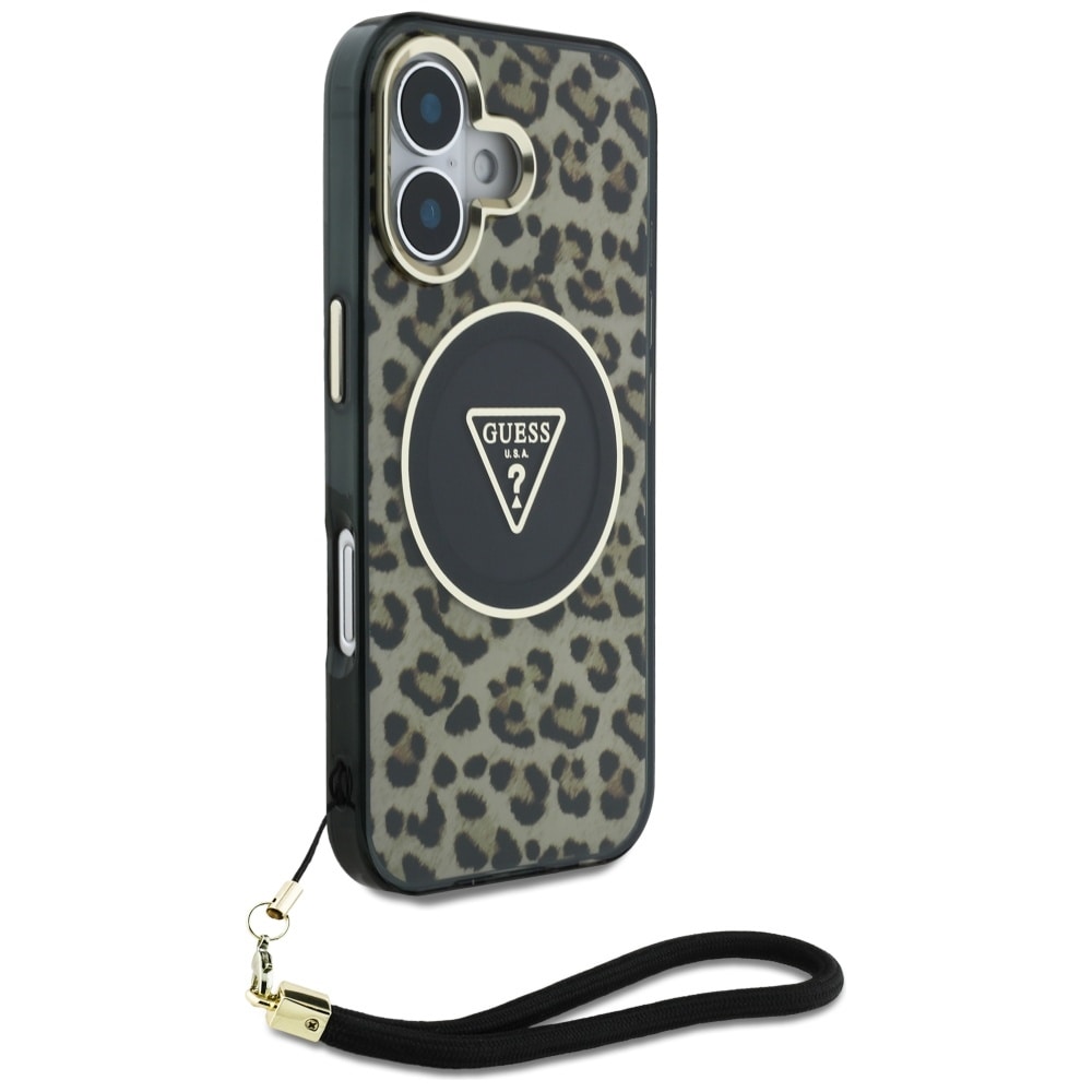 Guess HC IML Leopard Triangle Cord Strap MagSafe iPhone 16 Etui - Brun