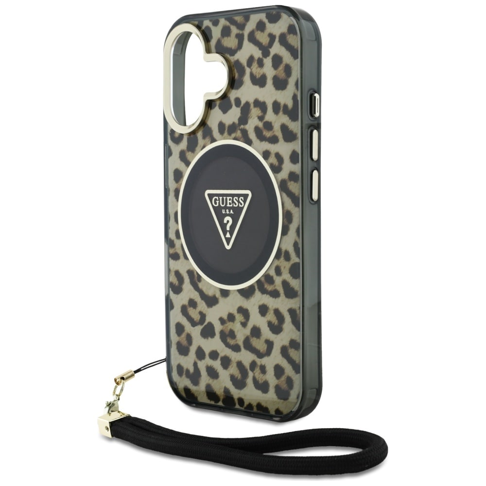 Guess HC IML Leopard Triangle Cord Strap MagSafe iPhone 16 Etui - Brun