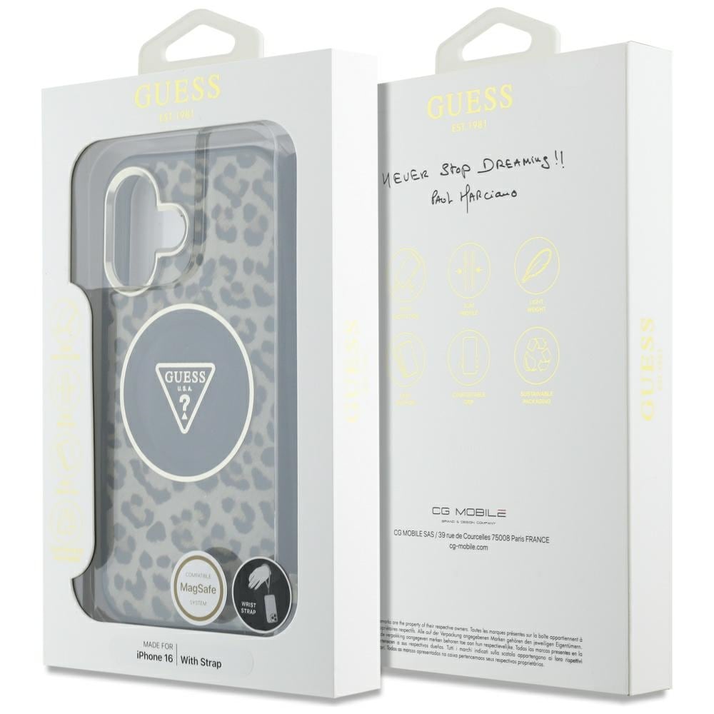 Guess HC IML Leopard Triangle Cord Strap MagSafe iPhone 16 Etui - Brun