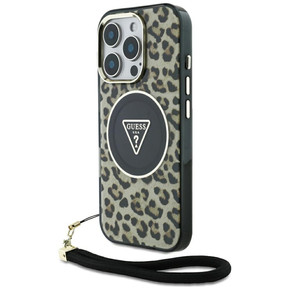 Guess HC IML Leopard Triangle Sladdrem MagSafe Fodral för iPhone 16 Pro - Brun