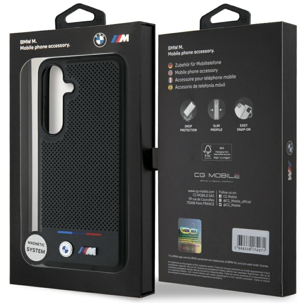BMW Tricolor Stripe MagSafe-etui i læder til Samsung Galaxy S25 - Sort