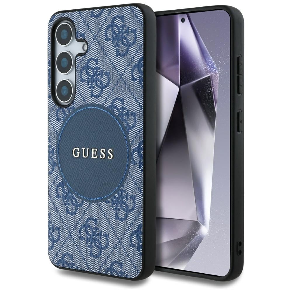 Guess 4G Round Patch Classic Logo MagSafe-fodral för Samsung Galaxy S25 Plus blå