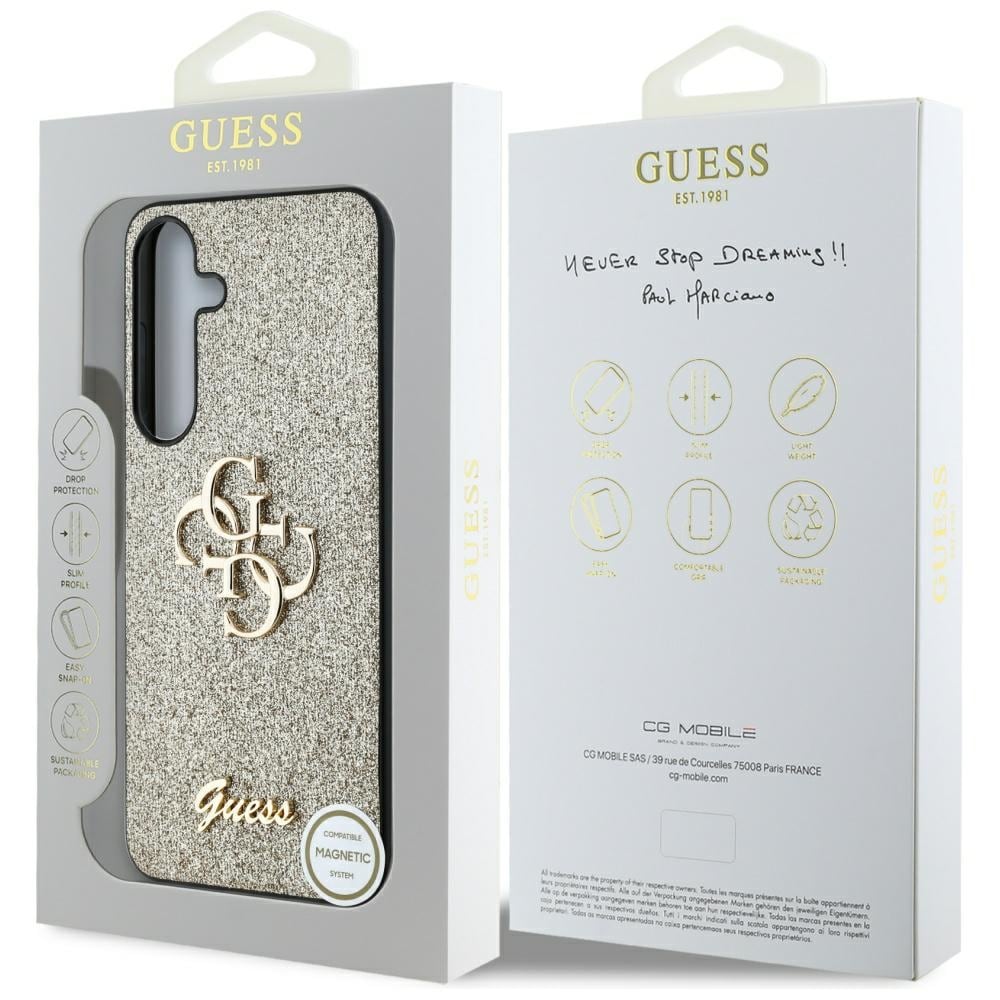 Guess Fast Glitter Big 4G Metal Logo etui til Samsung Galaxy S25 guld