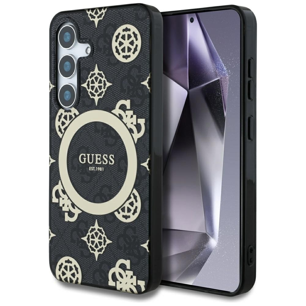 Guess 4G Bakgrund Guld Galvaniserad Peony Pattern MagSafe-fodral för Samsung Galaxy S25 svart