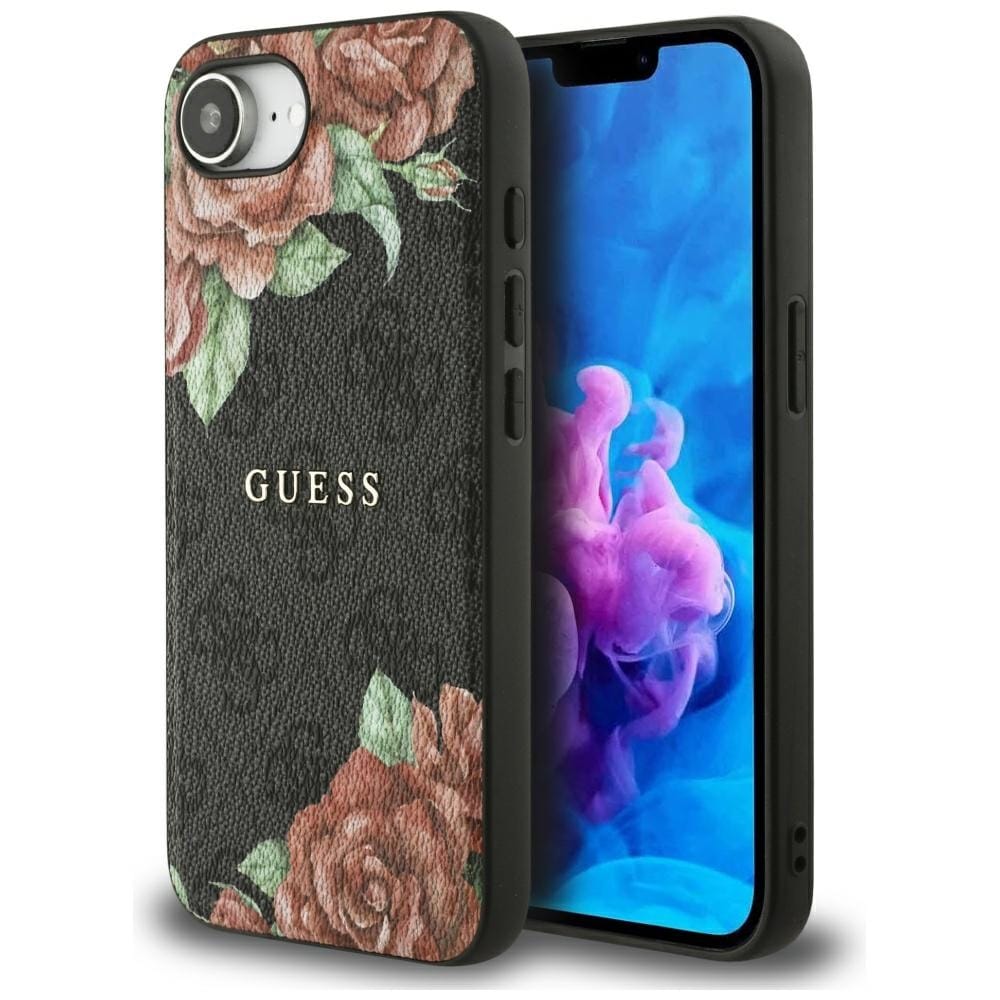 Guess 4G Flowers Print MagSafe-fodral för iPhone 16e - svart