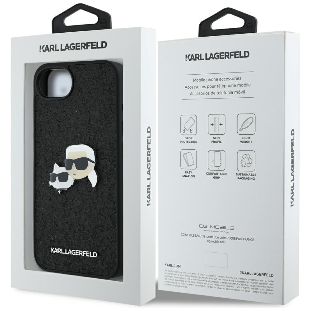 Karl Lagerfeld Fast Glitter Karl&Choupette Heads Metal Pin iPhone 16e Case - Sort