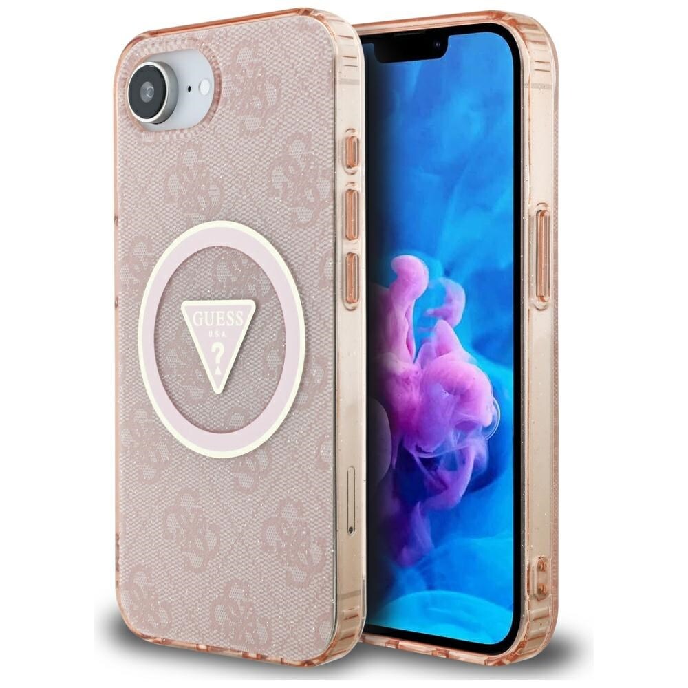 Guess IML Metallglitter 4G Cirkel Triangel MagSafe-fodral för iPhone 16e - rosa