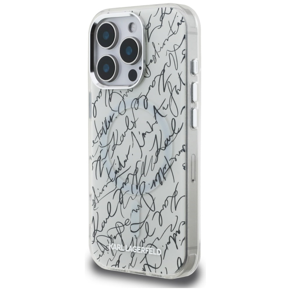 Karl Lagerfeld IML Karl Script Pattern MagSafe-etui til iPhone 16 Pro - Hvid