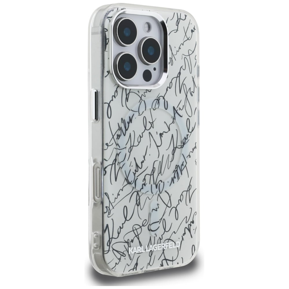Karl Lagerfeld IML Karl Script Pattern MagSafe-etui til iPhone 16 Pro Max - Hvid