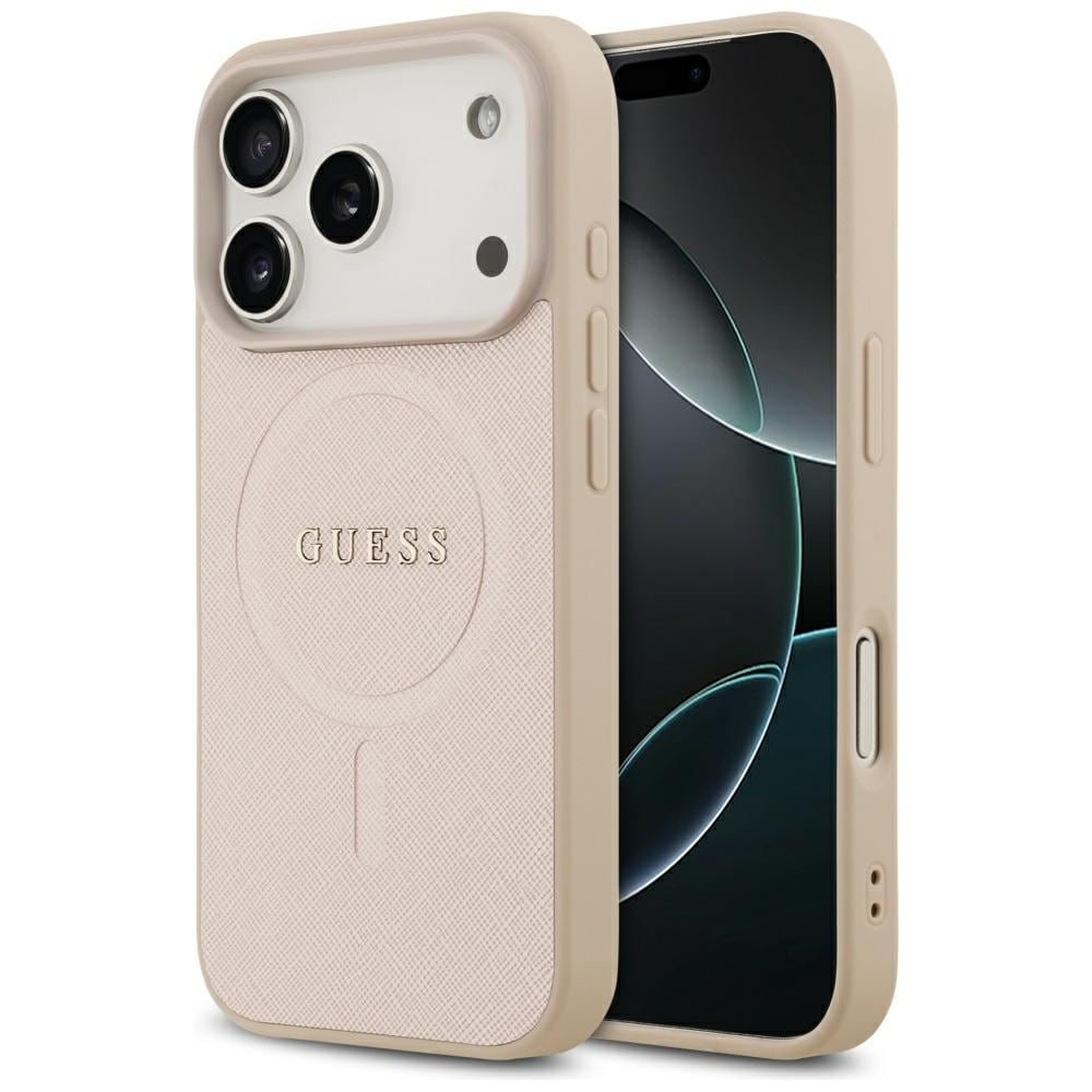 Guess Saffiano Classic Logo MagSafe-fodral för iPhone 17 Pro - Rosa