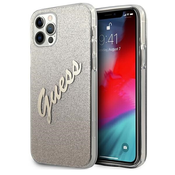 Guess GUHCP12MPCUGLSGO iPhone 12/12 Pro 6,1" guld/guld hårda fodral Glitter Gradient Script