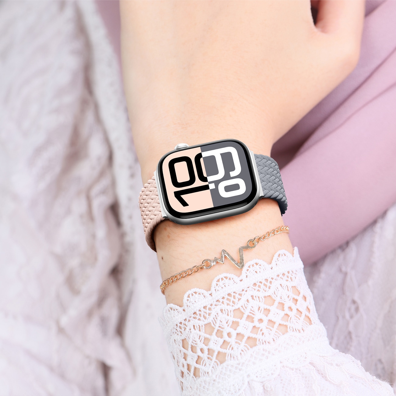 Set om 2 AmazingThing Blend-armband för Apple-klocka 45/46/49mm - Rosa-Grå/Rosa