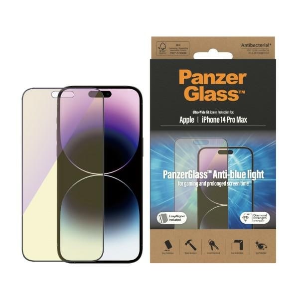 PanzerGlass antibakteriellt härdat glas med bred passform och blåljusfilter för iPhone 14 Pro Max