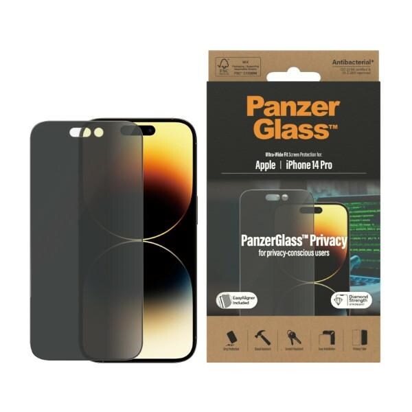 PanzerGlass Ultrabred passform härdat glas Antibakteriellt skydd med positionerare för iPhone 14 Pro