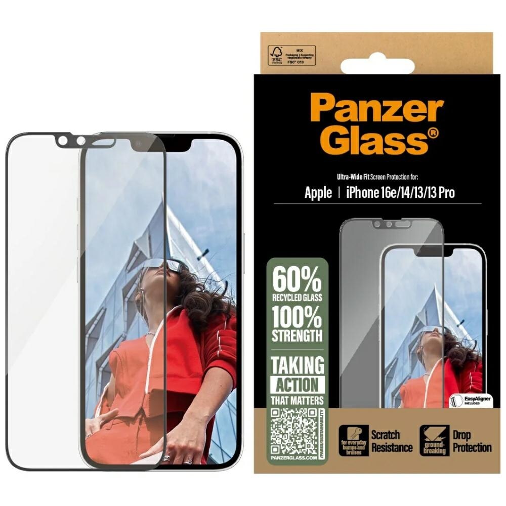 PanzerGlass Härdat glas med ultrabred passform för iPhone 13 / 13 Pro / 14 / 16e - Klar