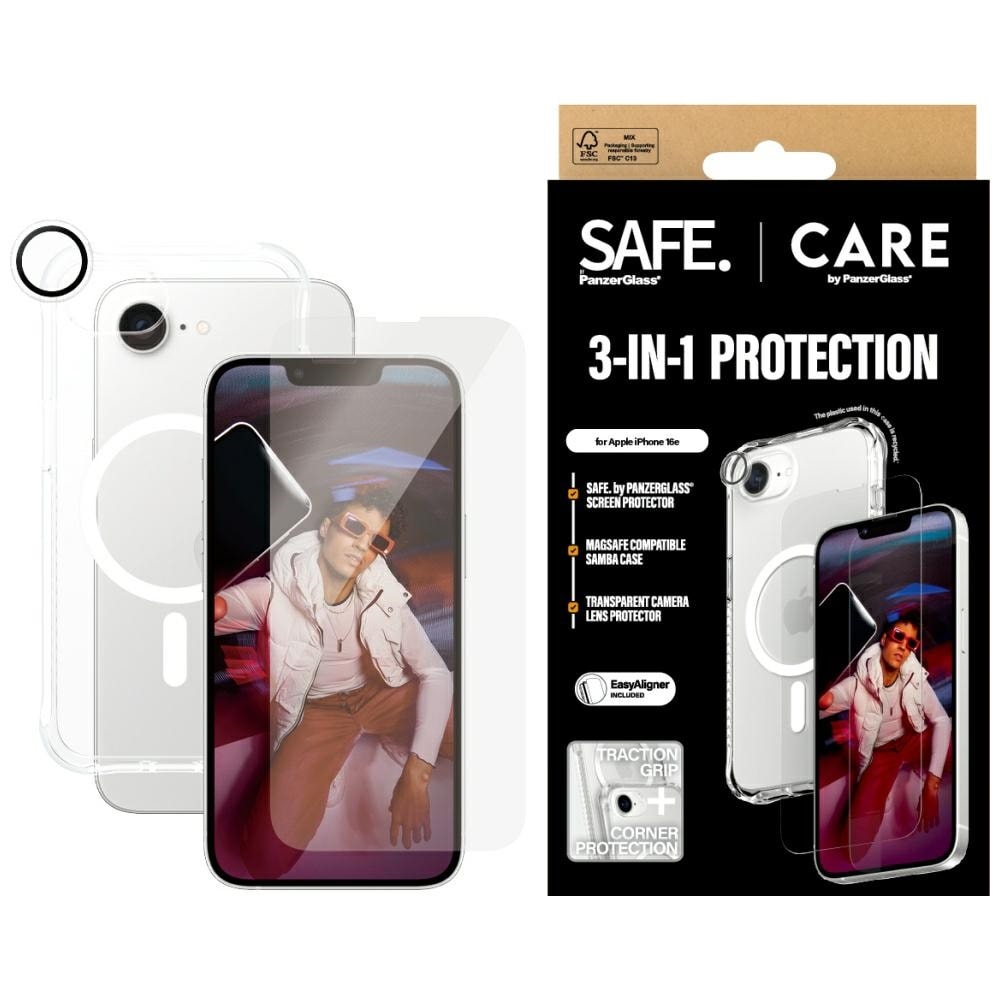 CARE by PanzerGlass Fashion 3in1 skyddsset Fodral+glas+linser för iPhone 16e - transparent