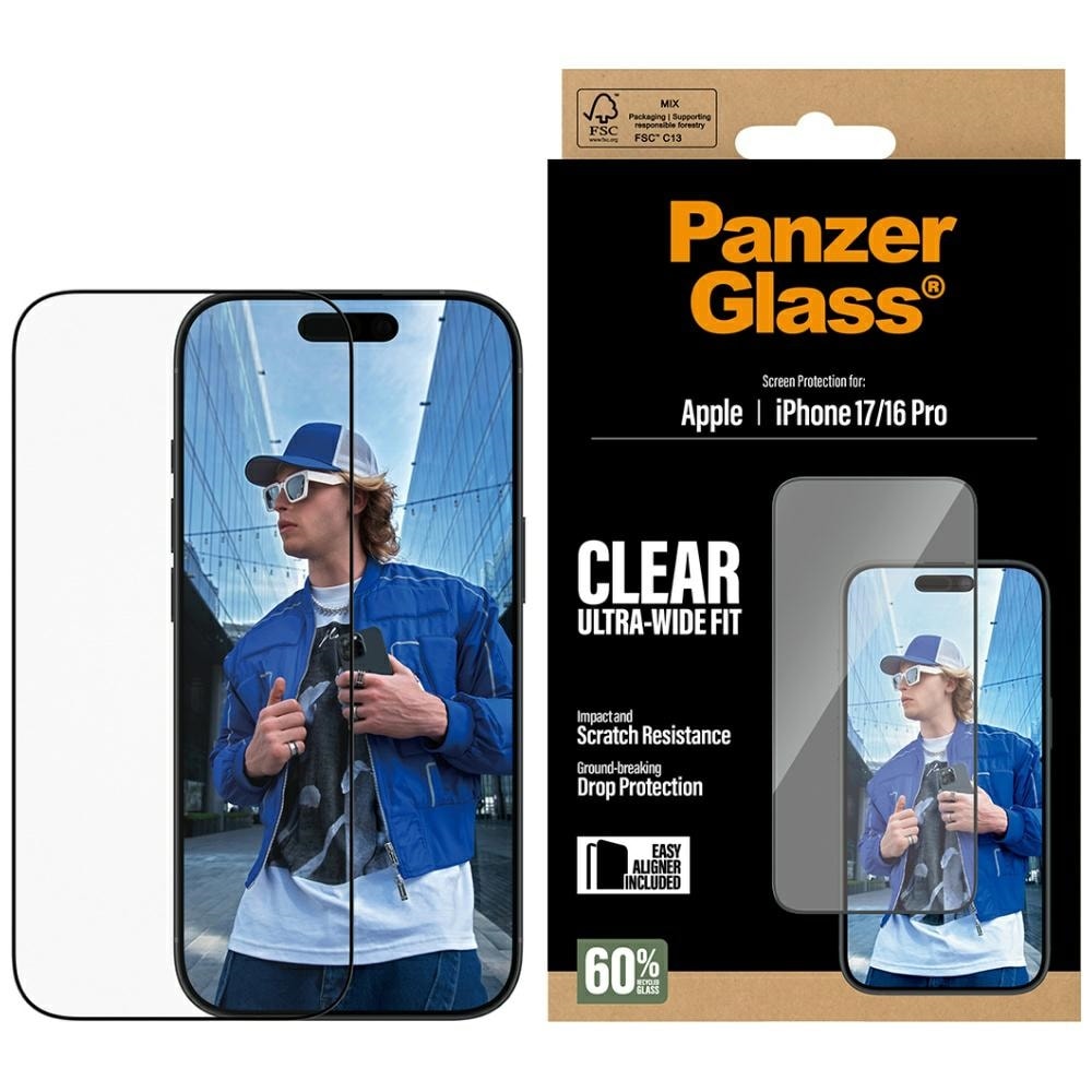PanzerGlass Ultra-Wide Fit EasyAligner härdat glas för iPhone 17 / 16 Pro