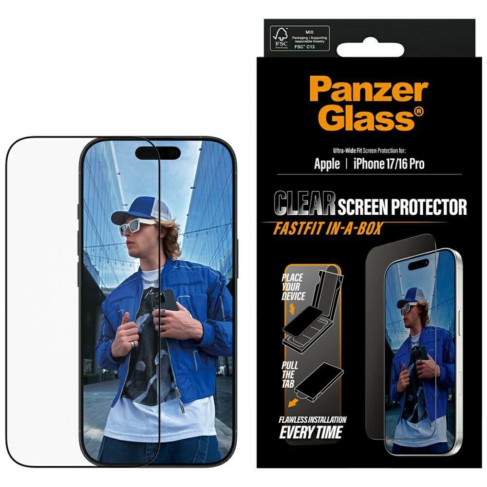 PanzerGlass Ultra-Wide Fit Fastfit härdat glas för iPhone 17 / 16 Pro