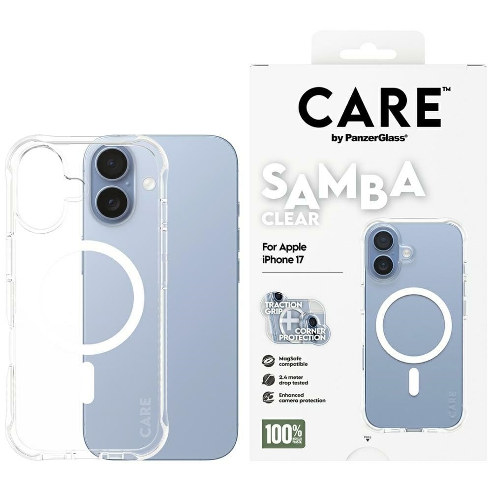 CARE by PanzerGlass Modernt Samba-fodral med vit MagSafe för iPhone 17 - Transparent