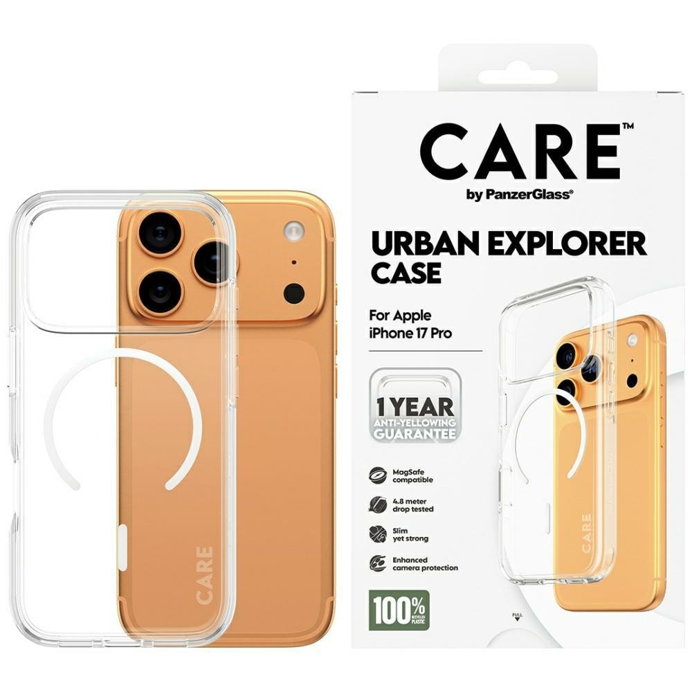 CARE by PanzerGlass Flagship Urban Explorer Fodral med vit MagSafe för iPhone 17 Pro - Transparent