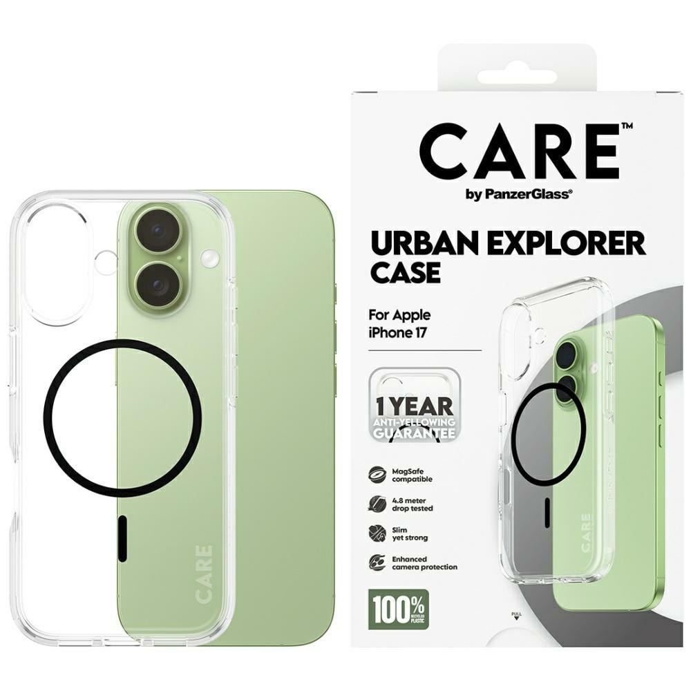 CARE by PanzerGlass Flagship Urban Explorer Fodral med svart MagSafe för iPhone 17 - Transparent