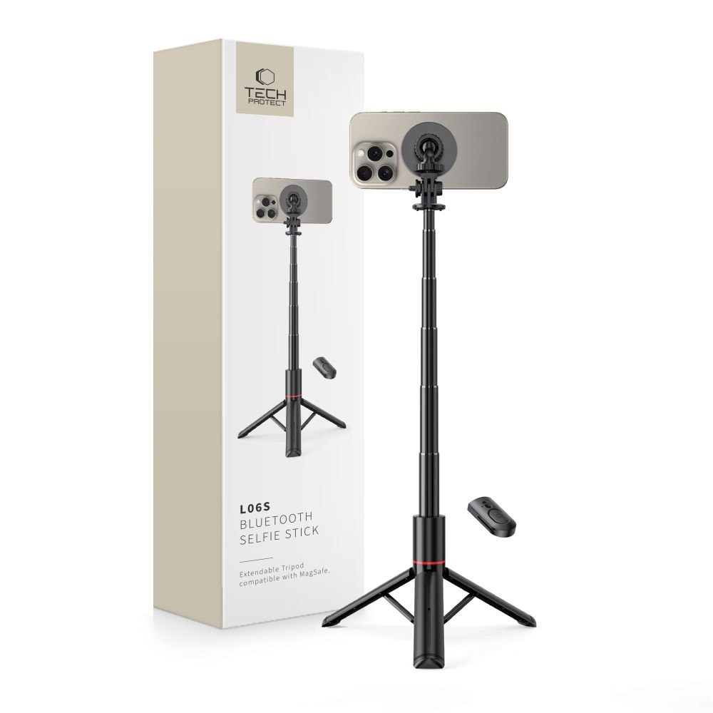 Tech-Protect L06S Bluetooth magnetisk selfiepinne med MagSafe, fjärrkontroll, 82 cm stativ - svart