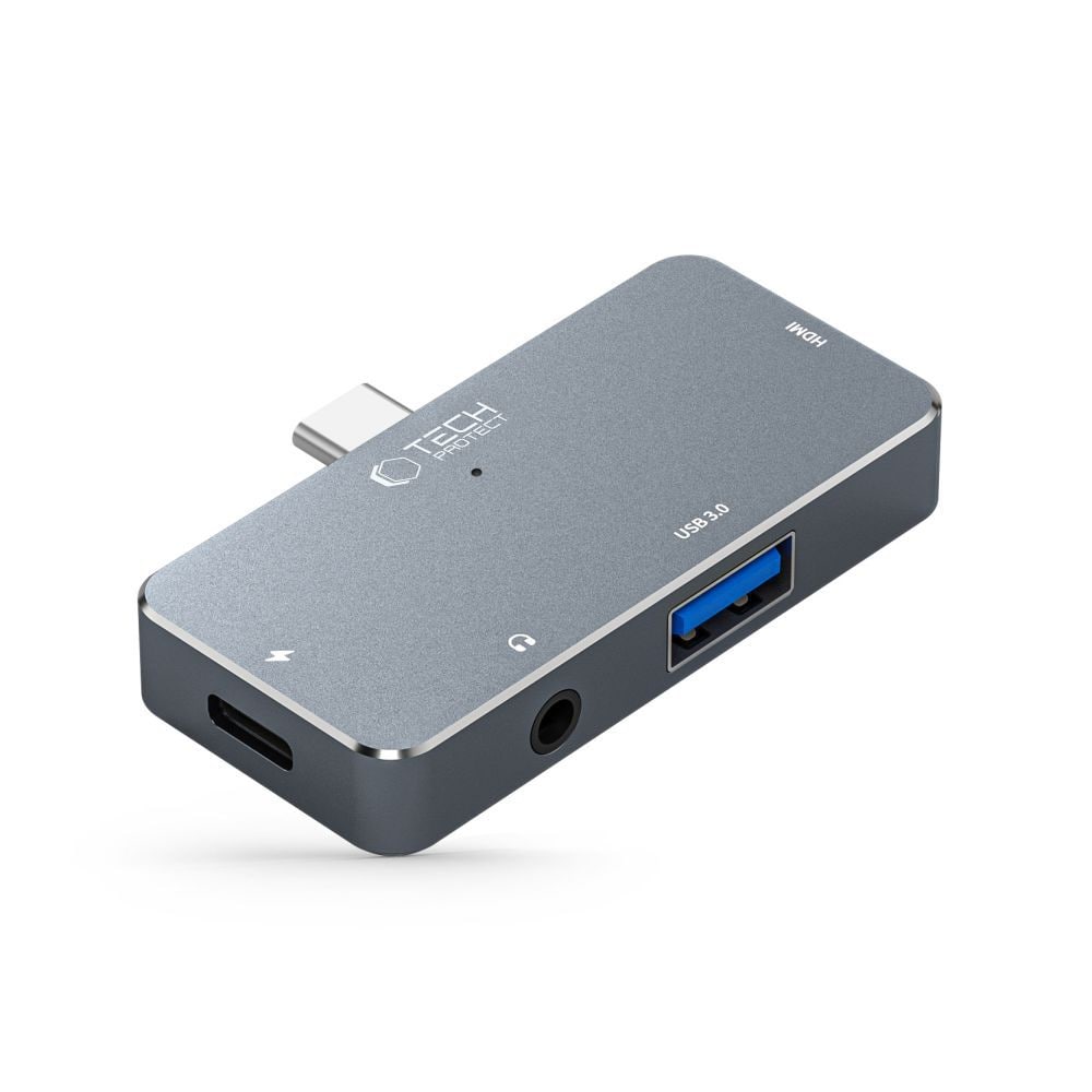 HUB Tech-Protect V6 4in1 USB-C - USB-A 3.0 / USB-C PD100W / HDMI / minijack 3,5mm - grå