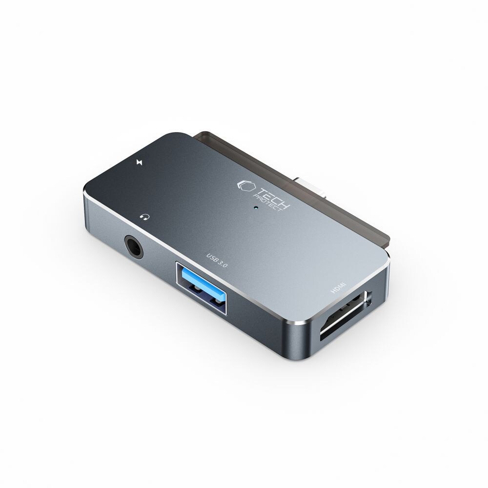 HUB Tech-Protect V6 4in1 USB-C - USB-A 3.0 / USB-C PD100W / HDMI / minijack 3,5mm - grå