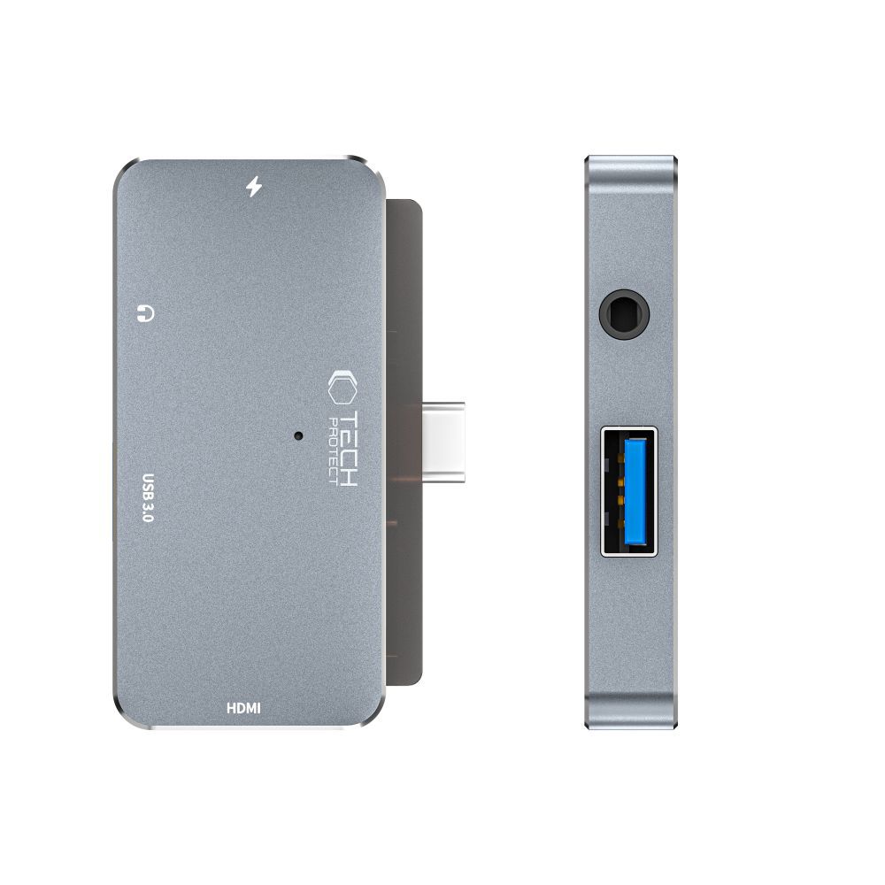 HUB Tech-Protect V6 4in1 USB-C - USB-A 3.0 / USB-C PD100W / HDMI / minijack 3,5mm - grå