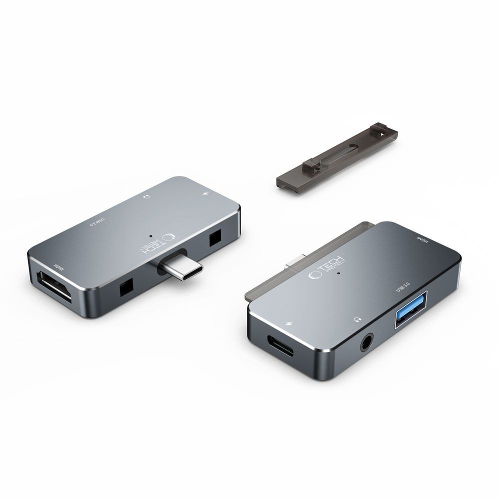 HUB Tech-Protect V6 4in1 USB-C - USB-A 3.0 / USB-C PD100W / HDMI / minijack 3,5mm - grå