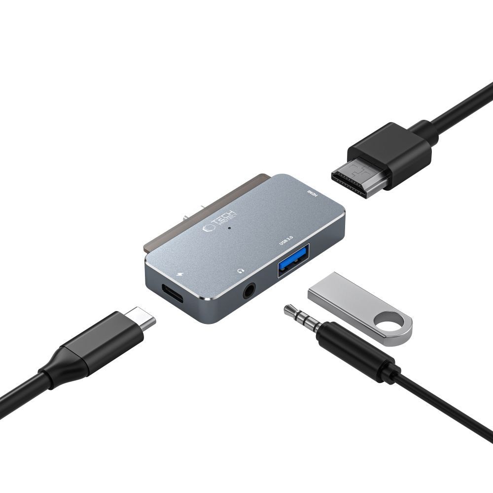 HUB Tech-Protect V6 4in1 USB-C - USB-A 3.0 / USB-C PD100W / HDMI / minijack 3,5mm - grå