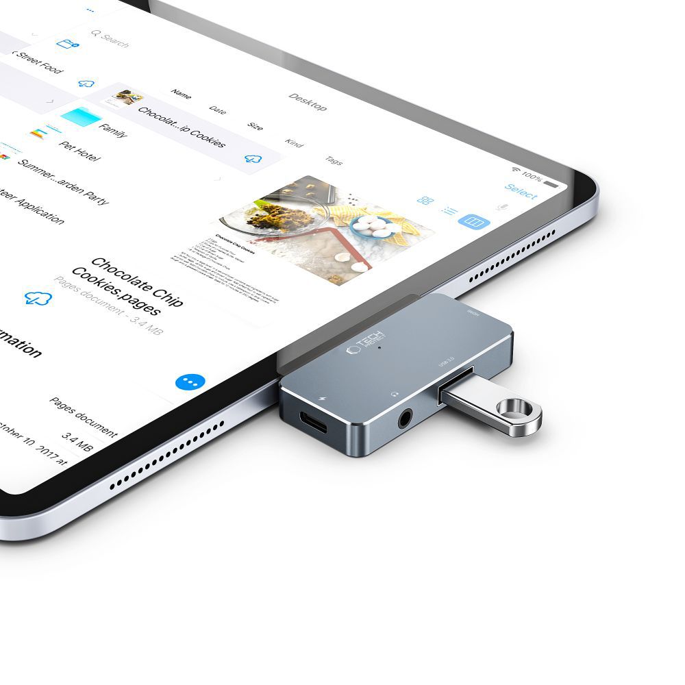 HUB Tech-Protect V6 4in1 USB-C - USB-A 3.0 / USB-C PD100W / HDMI / minijack 3,5mm - grå